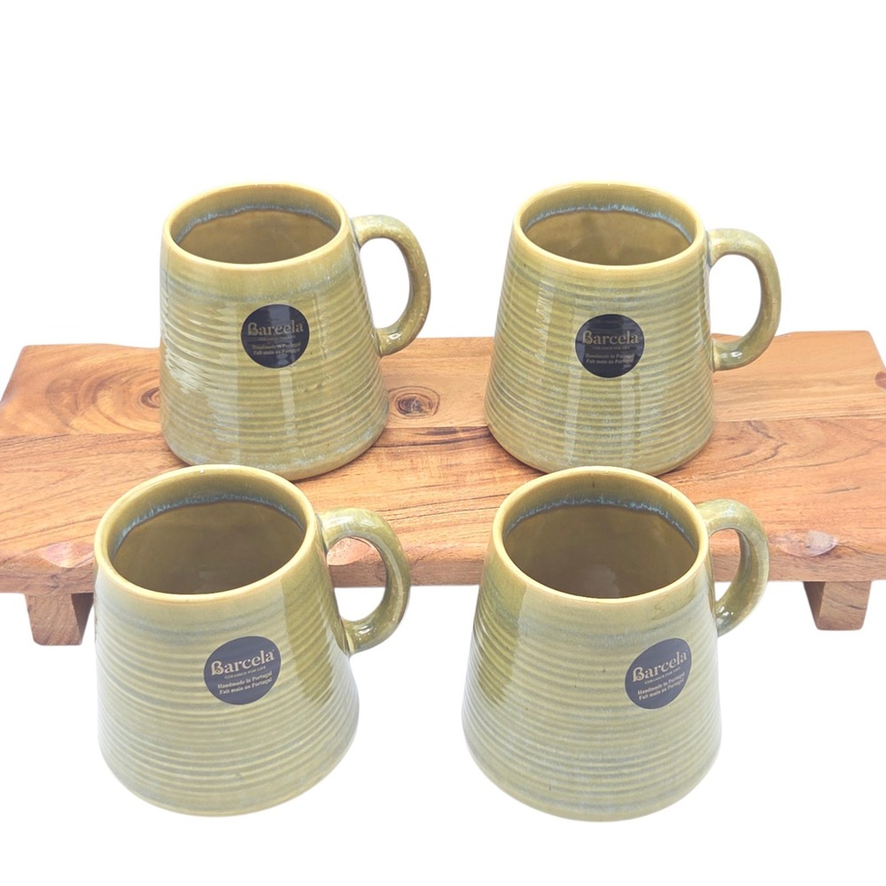 Barcela Handmade Stoneware Mug Set 4 Mustard Olive Reactive Glaze 16oz Portugal